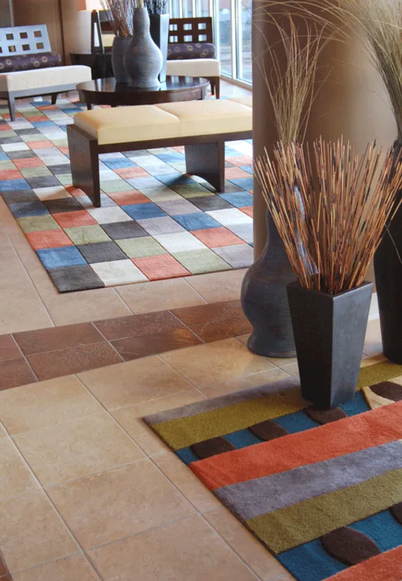 Tachi Palace lobby with tucked carpeting on tile, Lemoore, CA