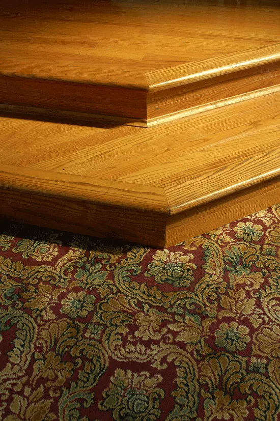 Historic church flooring, wood steps and carpet, Hanford, CA