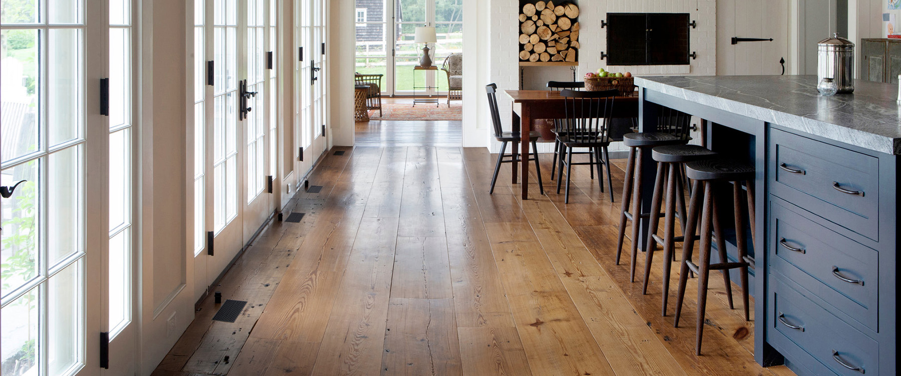 Kitchen with hard scraped wood flooring.