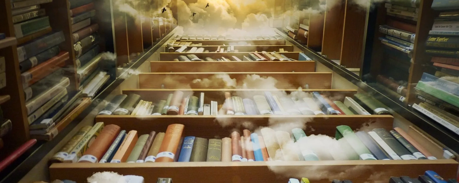 Stacks of library books on shelves