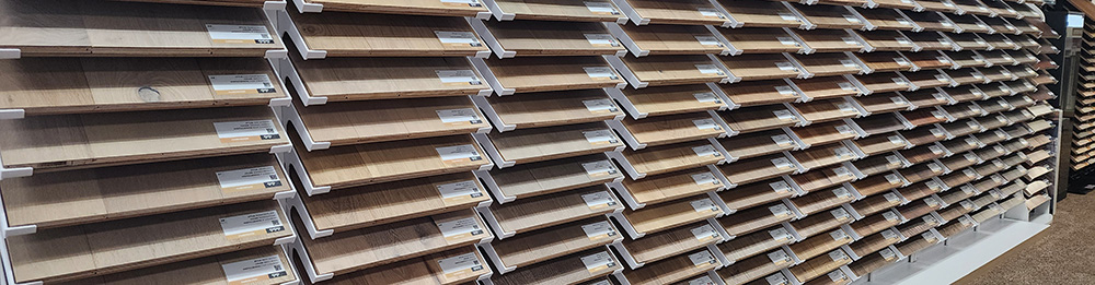 Showroom display of wall of hardwood flooring, Hanford, CA
