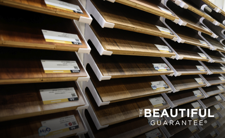 Beautiful Guarantee text superimposed on hardwood flooring samples.