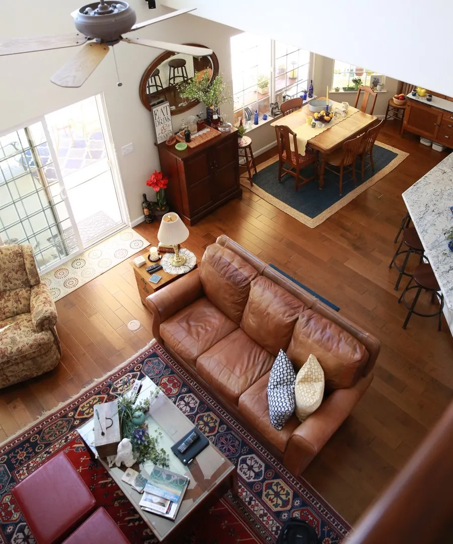 View from top of staircase of living room