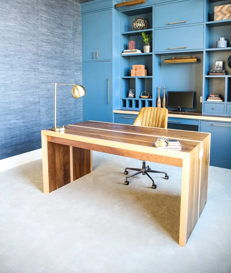 Modern office with blue cabinetry and carpet, Hanford, CA