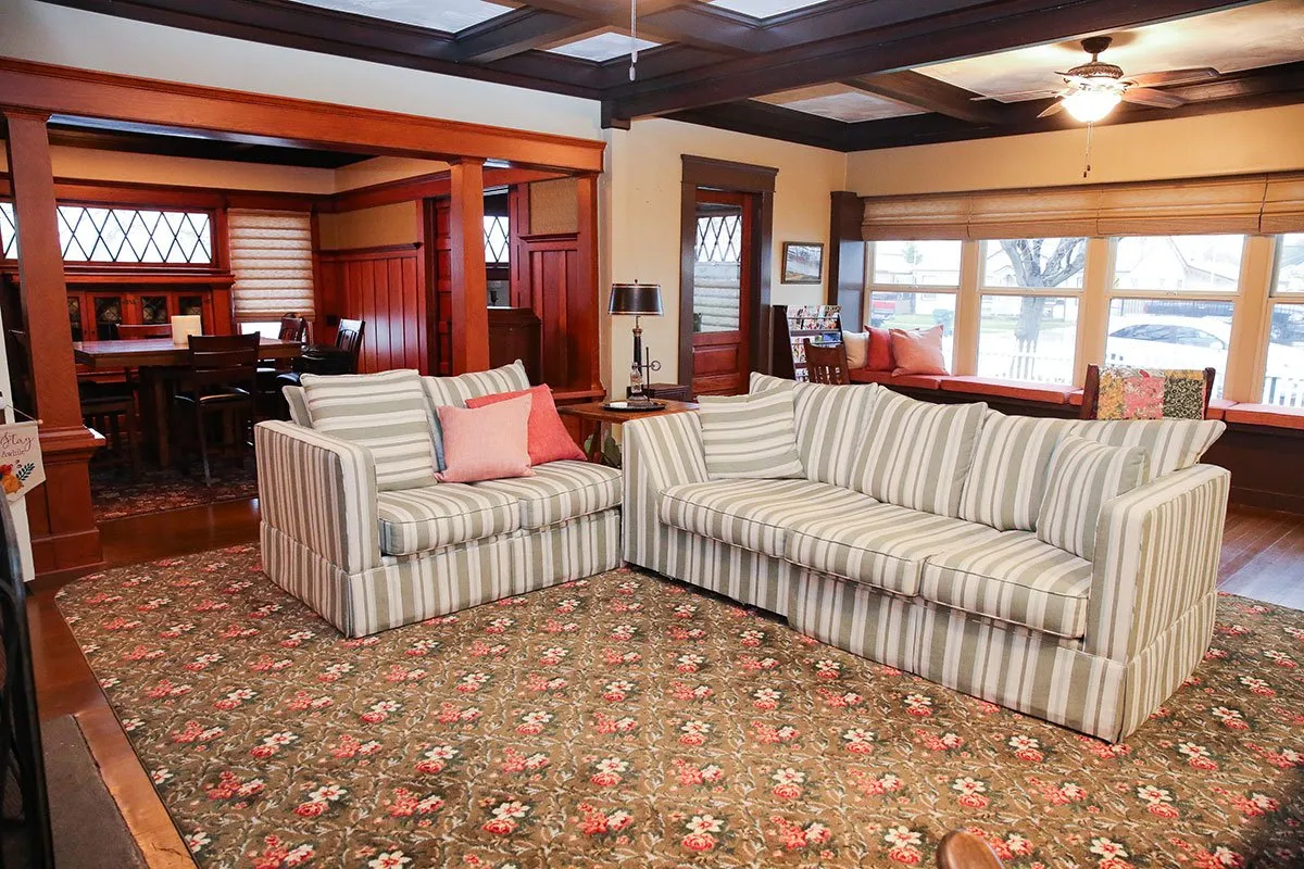 Living room with historic floral carpet, Exeter, CA
