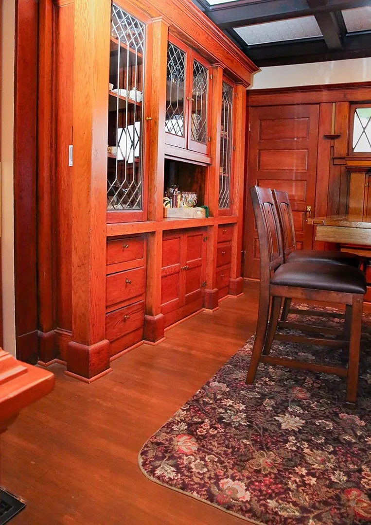 Dining area with cranberry floral carpeting, Exeter, CA