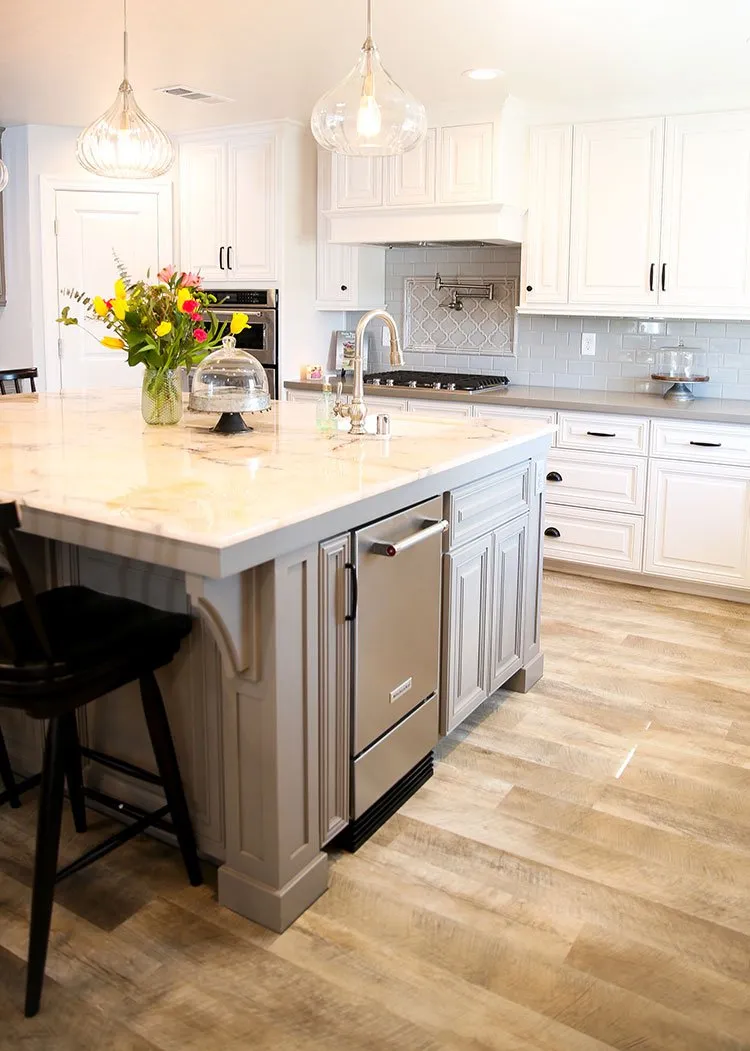 Kitchen work area with wood-look floors
