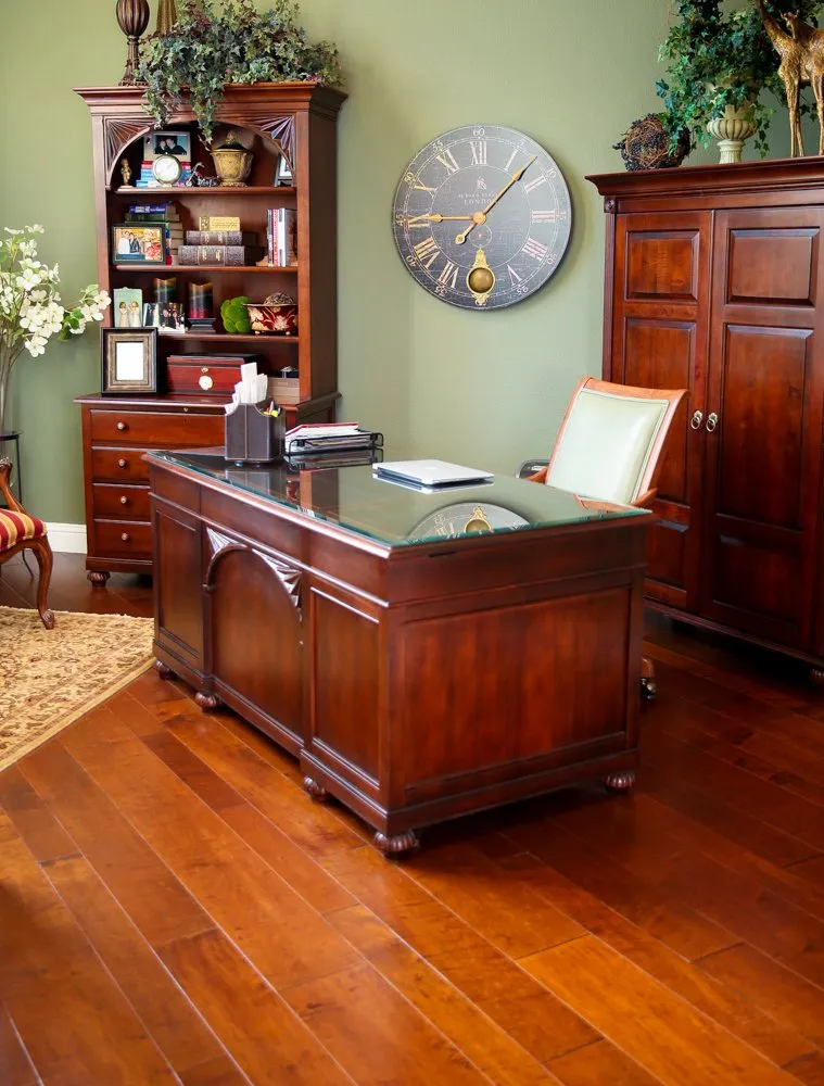Handsome wood office desk on hardwood flooring, Clovis