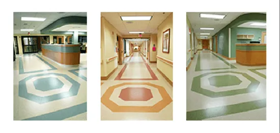 Three hospital hallways with different colors of vinyl flooring, Hanford, CA