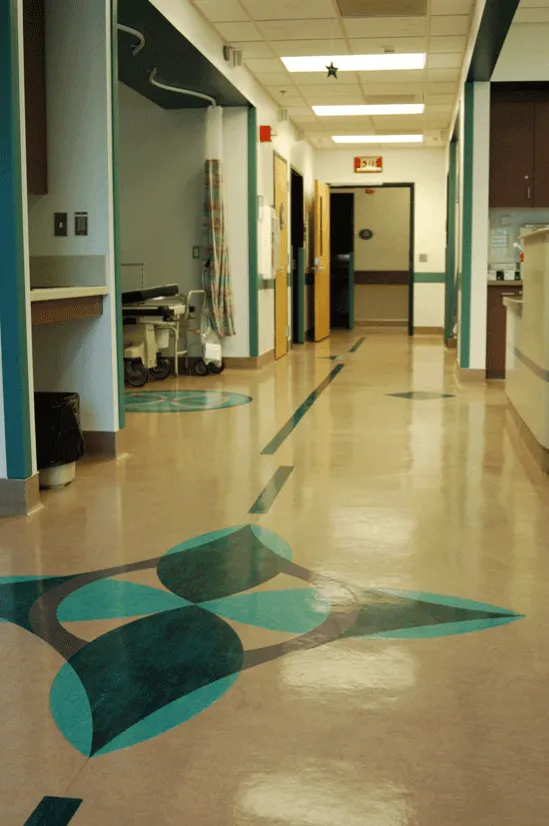 Hallway in Cancer Treatment center with distinctive diamond designed vinyl flooring, Porterville, CA