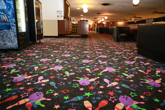 Bowling themed carpeting, Selma, CA