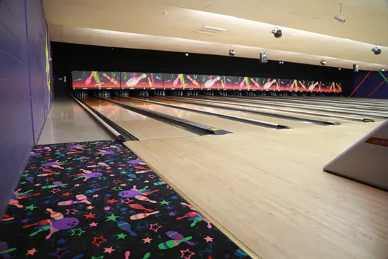 Bowling lanes with carpeting transition strip, Selma, CA