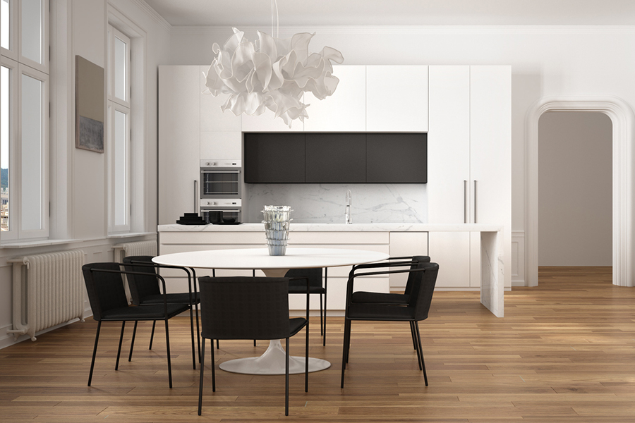 Dining area, white table with black chairs, on luxury vinyl plank flooring