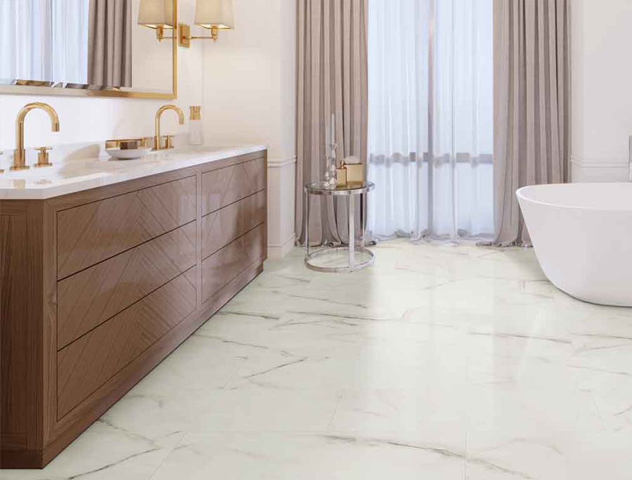 Bathroom with luxury vinyl tile that looks like marble