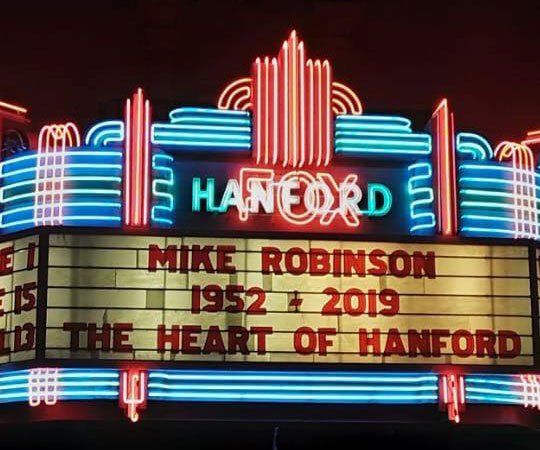 Salute to Mike Robinson on movie theater marquee